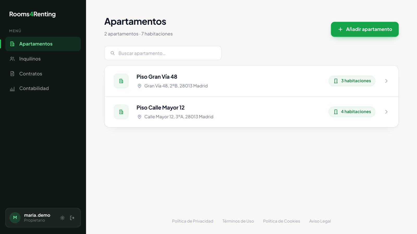 Panel de Rooms4Renting con un piso y sus habitaciones